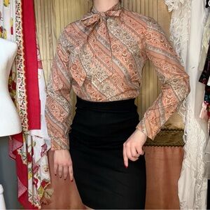 Vintage 70’s Elegant Women's Paisley Blouse - Orange and Cream